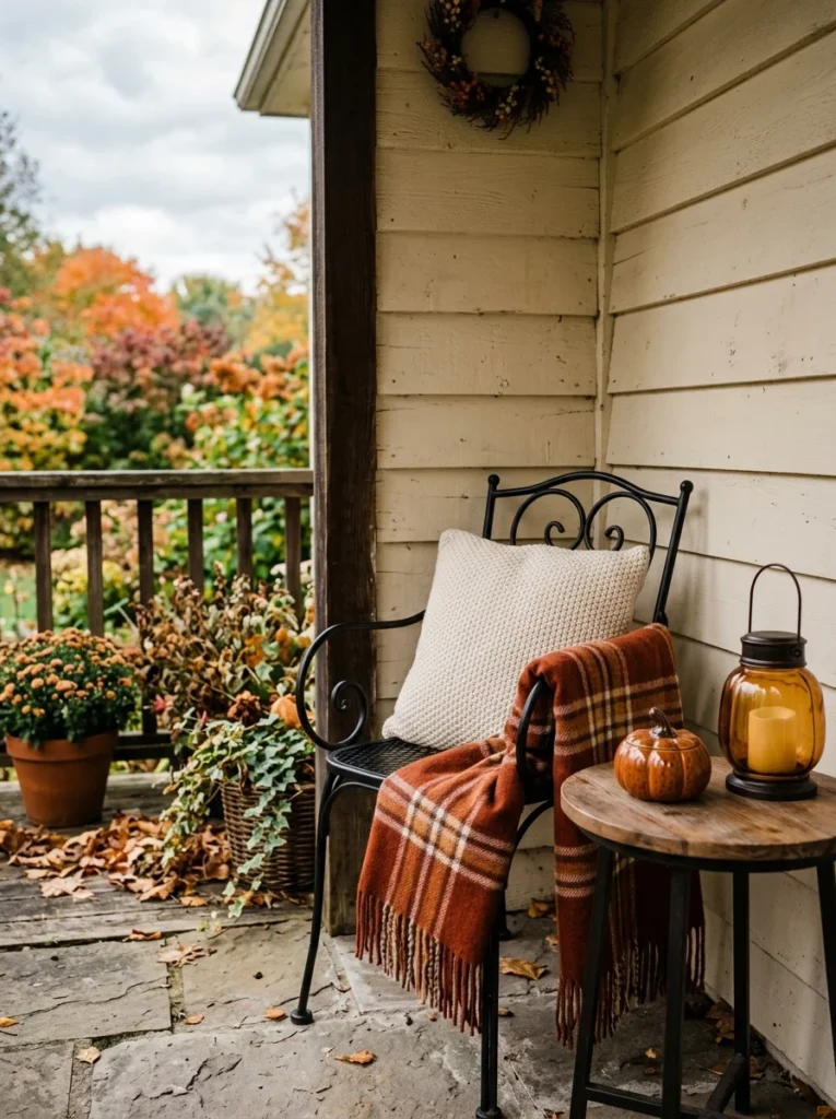 A rust plaid throw adds cozy texture to a covered autumn porch