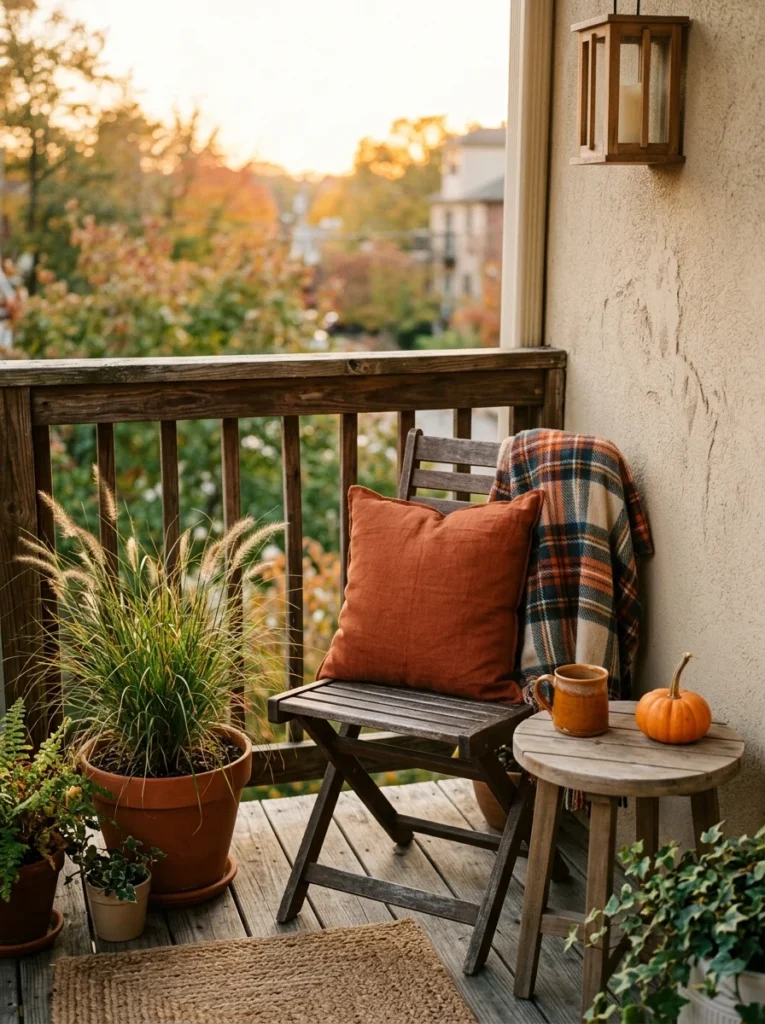 A small porch seating corner decorated with cozy fall colors and simple accessories.