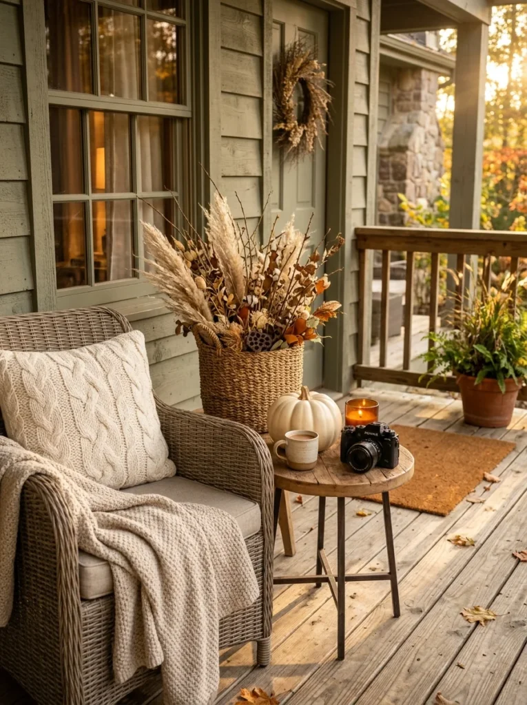 A taupe chair and ivory accessories create a cozy neutral fall porch corner.