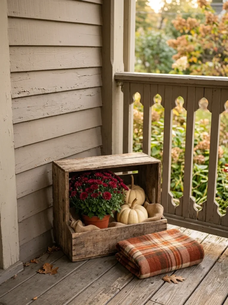 Wooden crate display with pumpkins and flowers for small fall porch decor.
