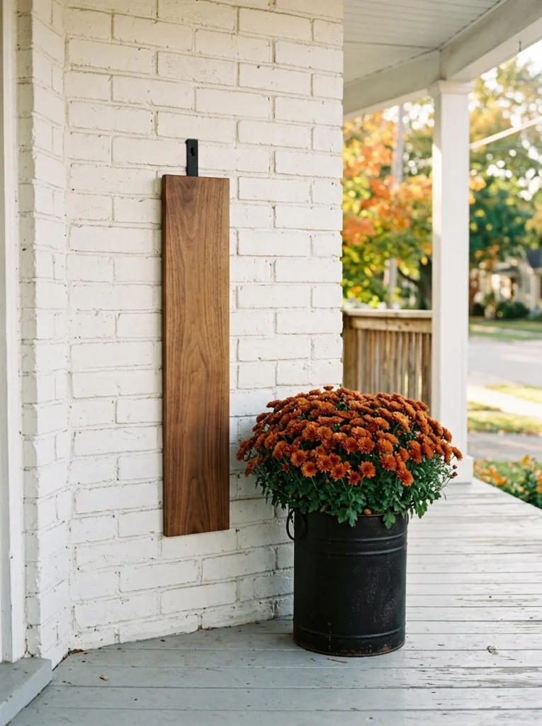 A slim wood sign adds a simple seasonal detail to a modern front porch.