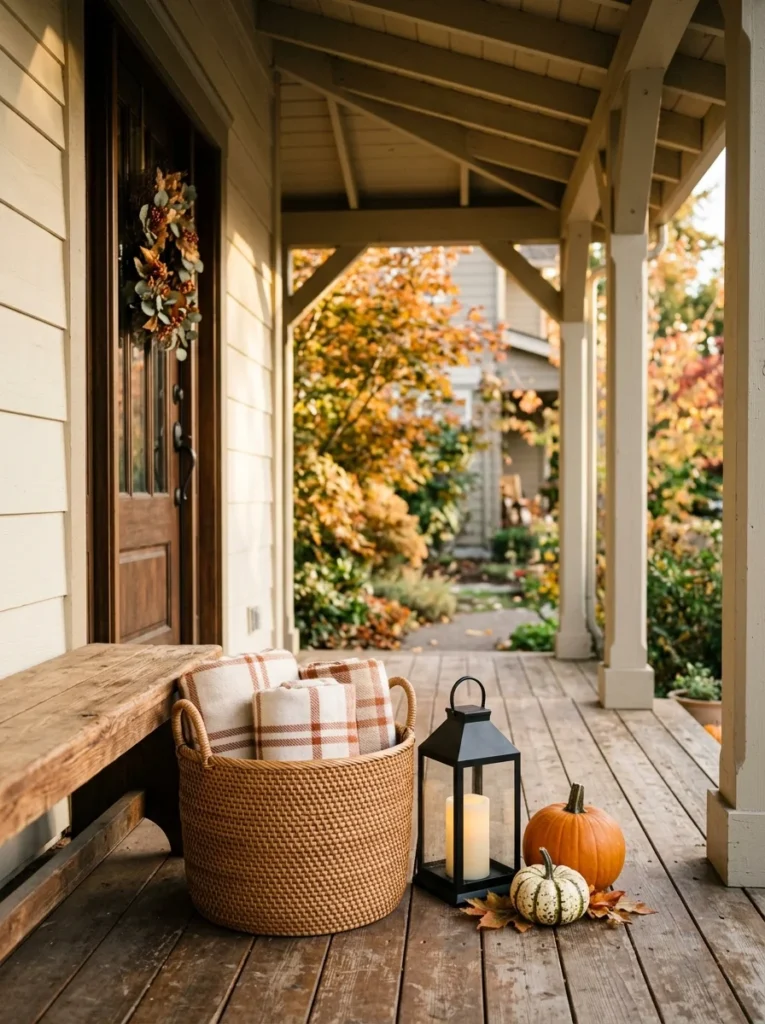 A woven blanket basket adds practical warmth to autumn front porch styling