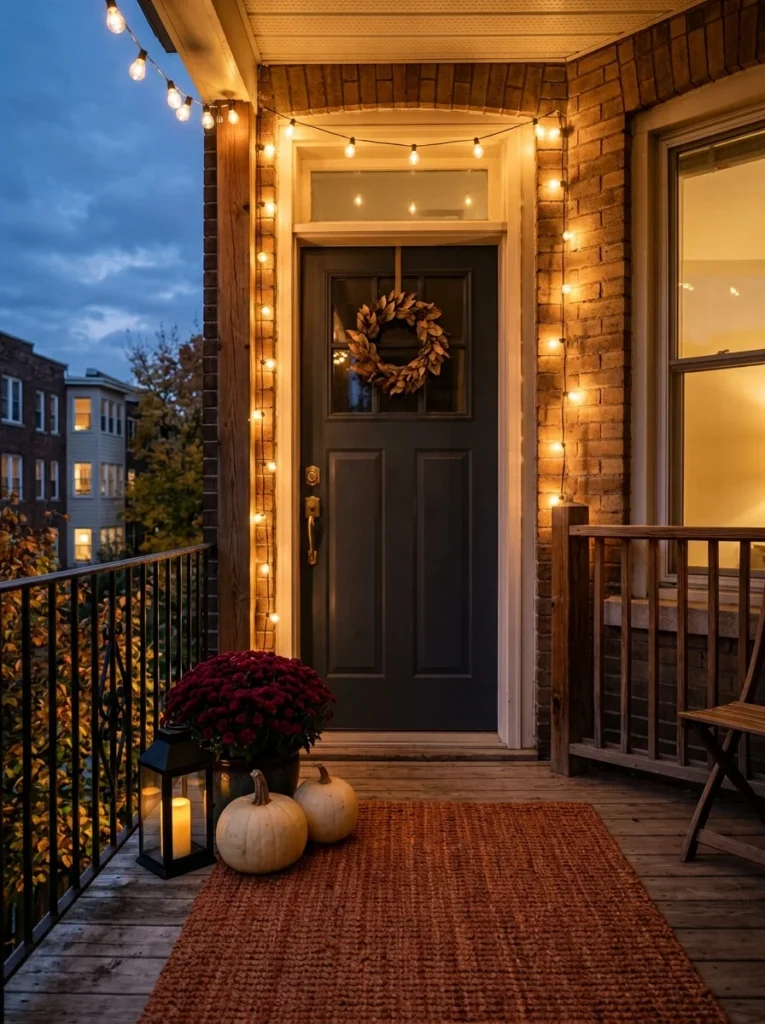 Warmly lit apartment porch with simple pumpkins, rug, mum, and lantern.