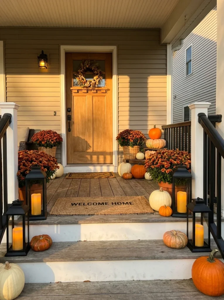 Cozy fall porch lantern ideas with black lanterns, pumpkins, mums, and warm autumn lighting