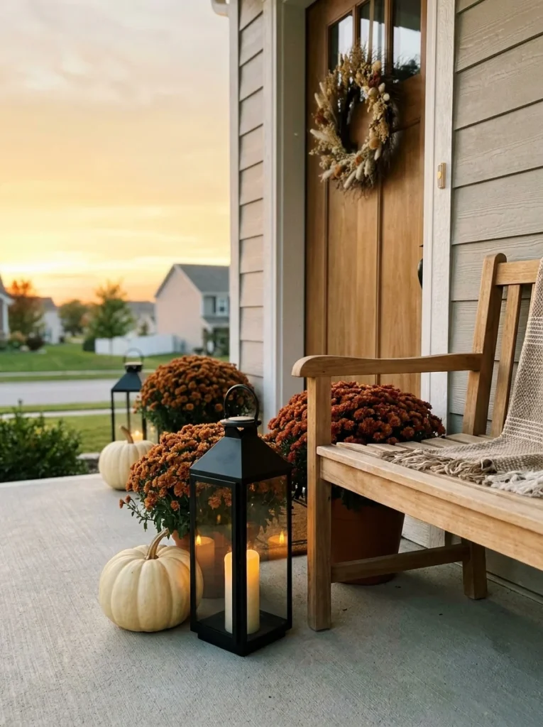Cozy autumn porch with glowing lanterns, pumpkins, mums, and a warm wood door