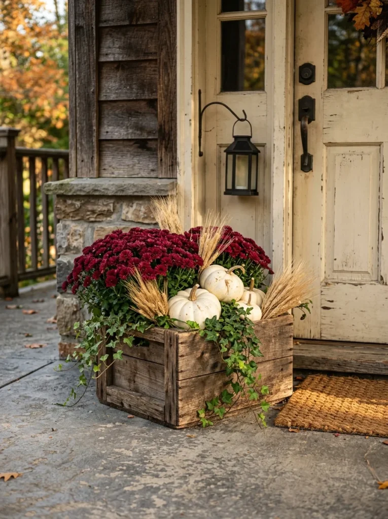 Wooden crate planter with mums and pumpkins for fall porch decor