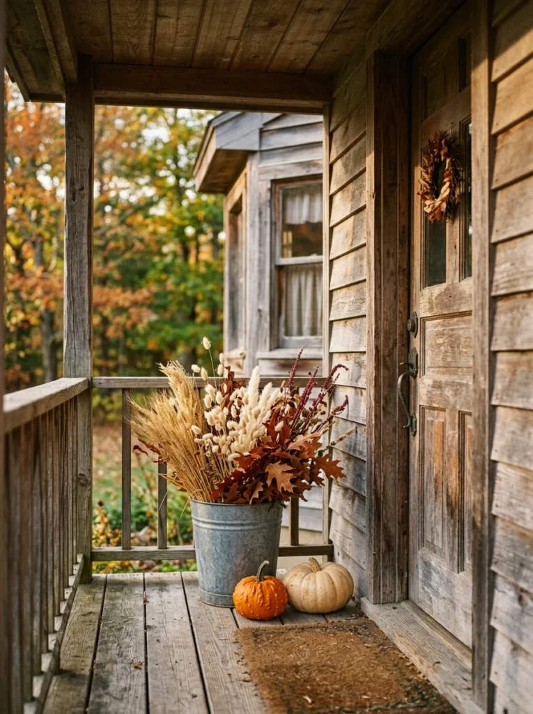 A galvanized bucket filled with dried stems adds farmhouse fall porch decor