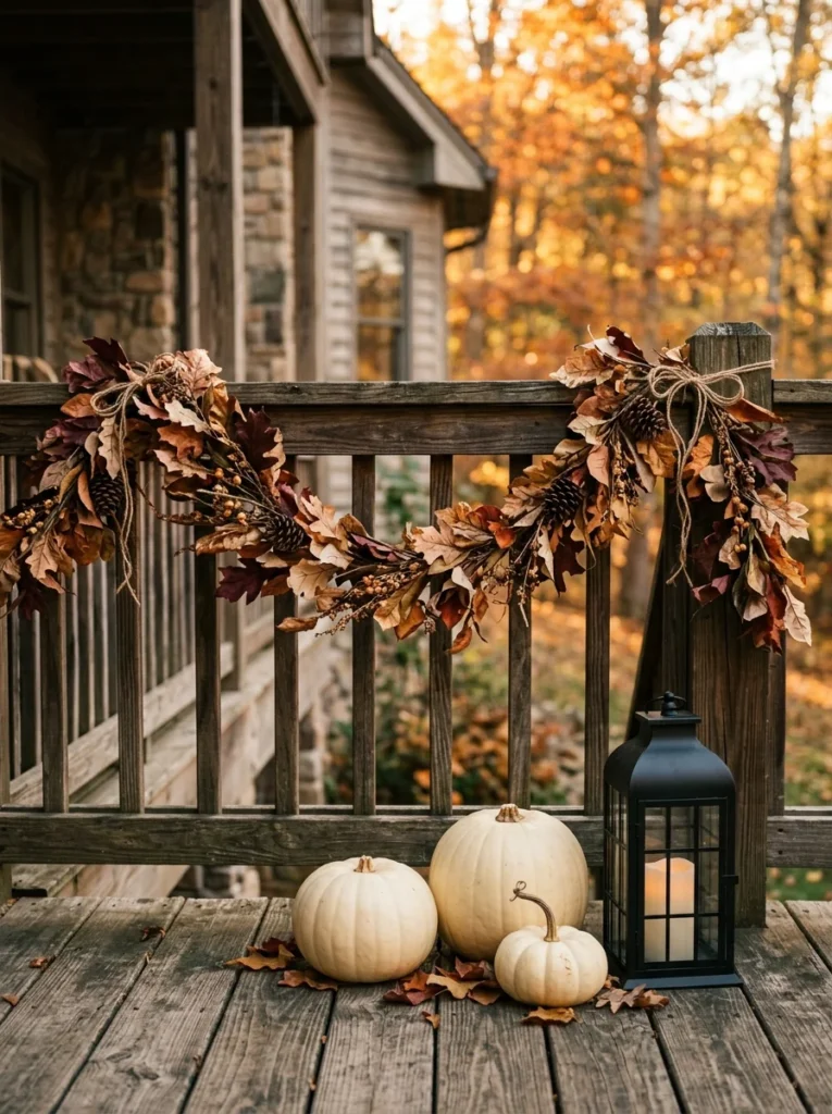 A dried leaf garland adds warm color to a country-style fall porch railing.