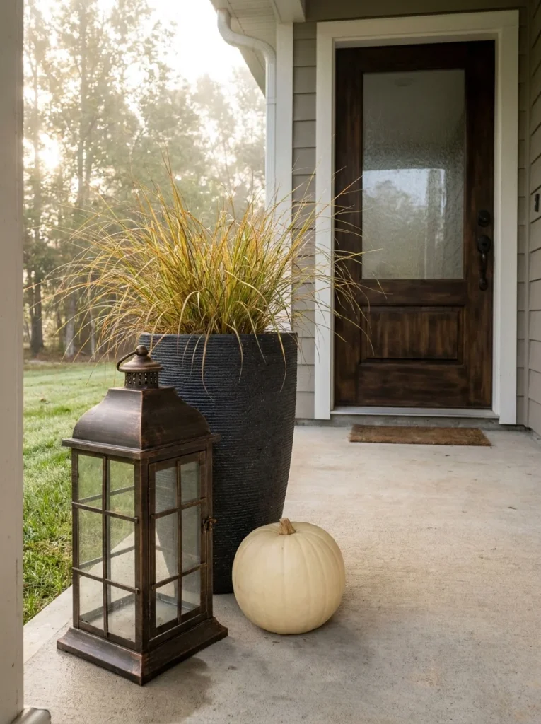 Bronze lantern beside an ornamental grass planter for fall porch decor