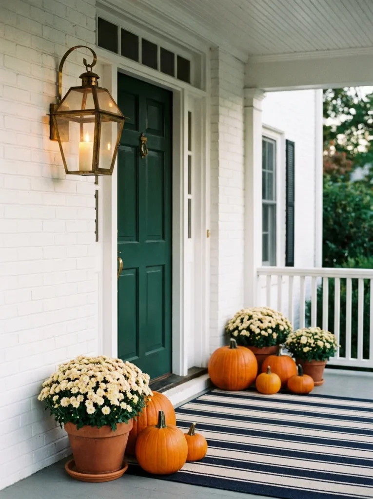 Brass lantern with orange pumpkins and mums on a traditional fall porch