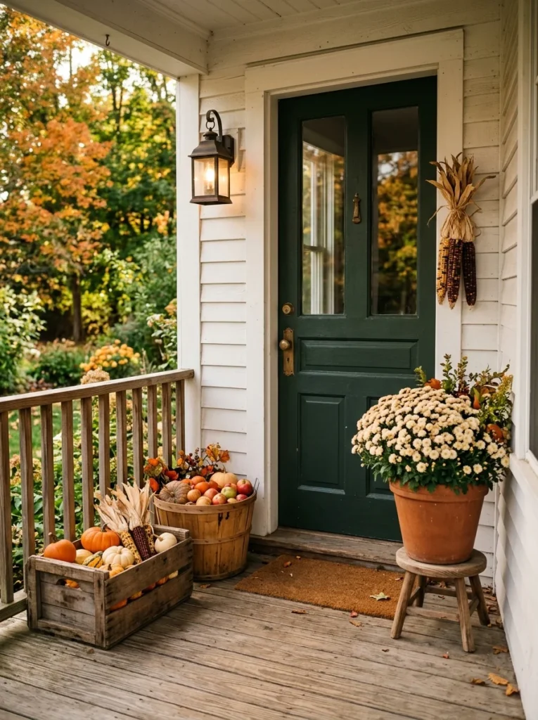 A mini farmstand arrangement brings rustic country charm to fall porch decor.