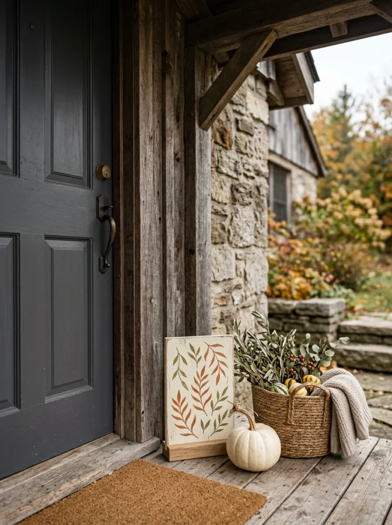 Small painted wooden fall sign beside a compact front door.
