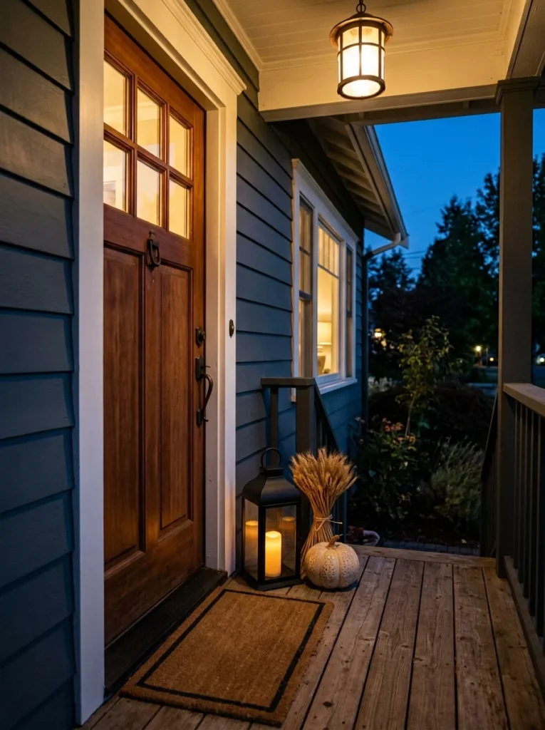 A black lantern and warm candle create inviting evening front porch fall decor