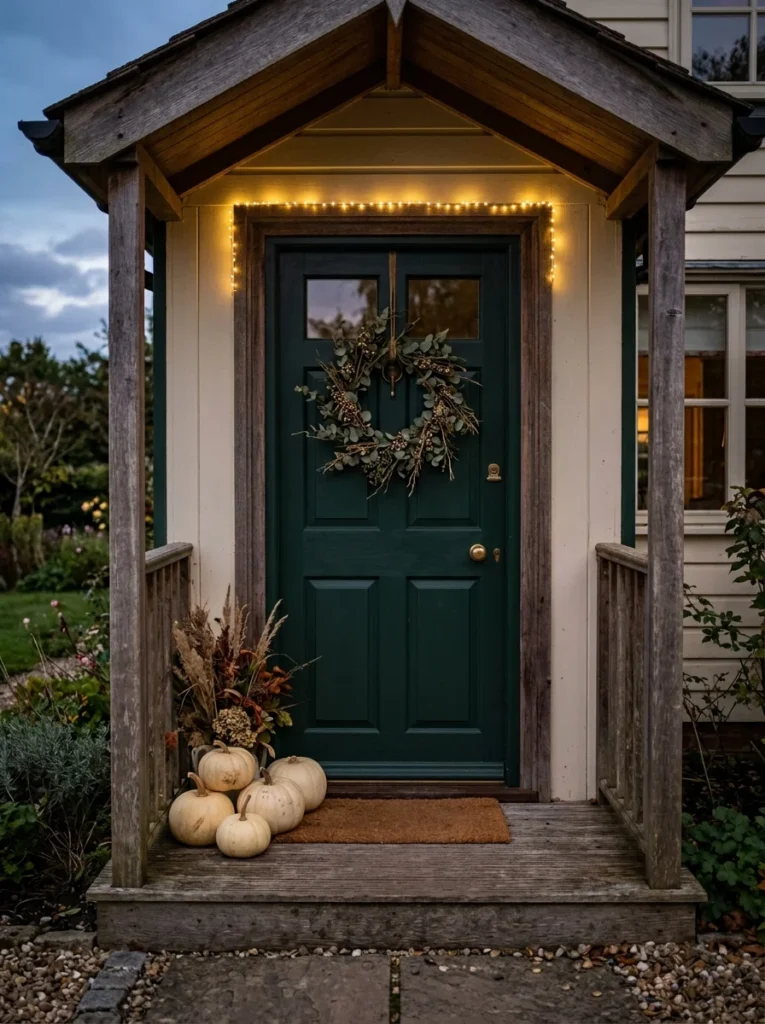  Warm micro lights adding cozy autumn atmosphere to a small porch.