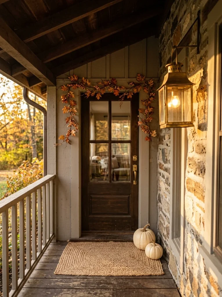 Simple leaf garland framing a small fall porch entrance.