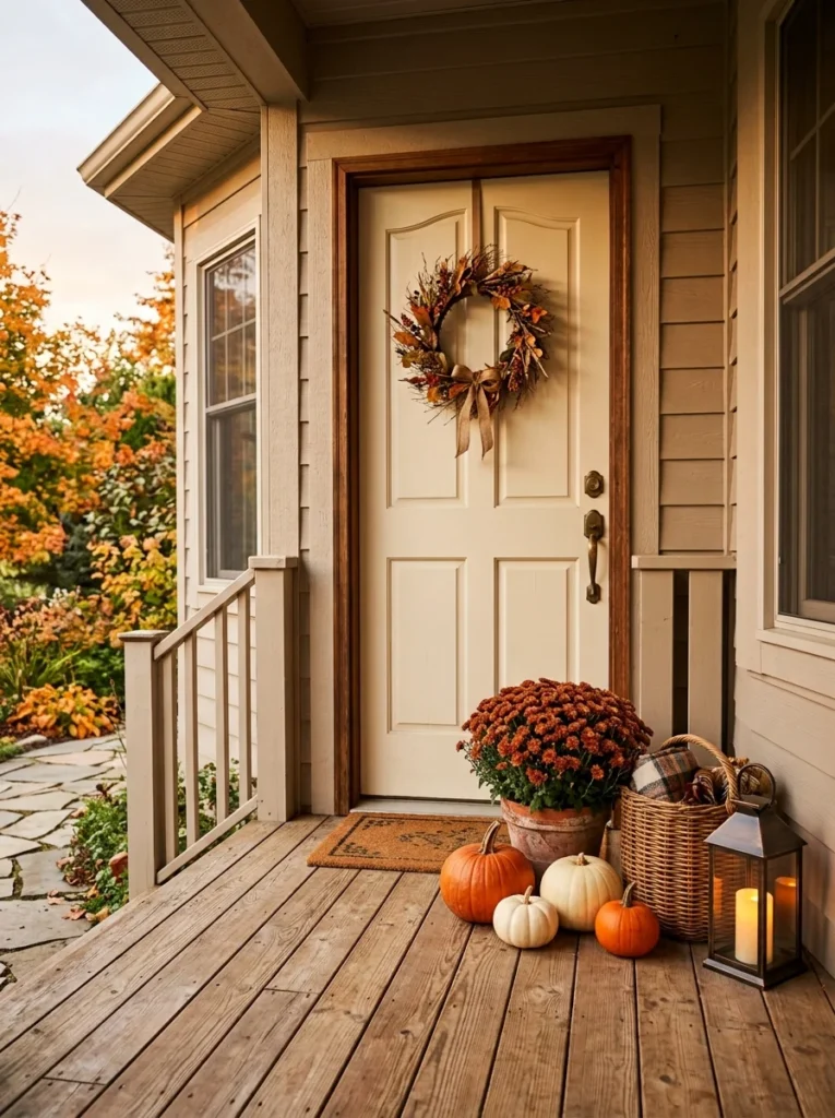 Finished budget fall porch decor with pumpkins, mums, basket, wreath, and warm lighting.