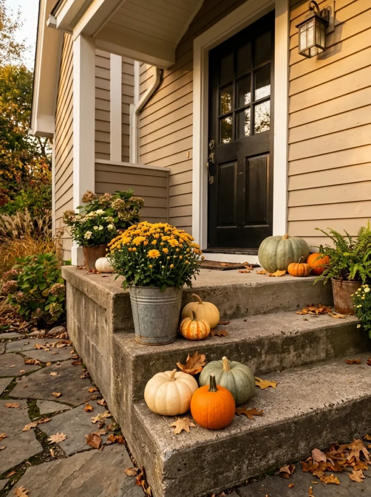 Layered pumpkins and mums create a cozy autumn look on front porch steps.