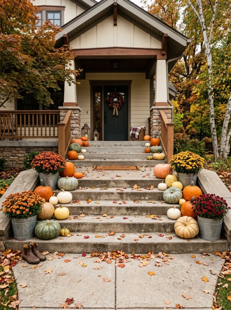 Layered pumpkins and mums decorating front porch steps for fall.