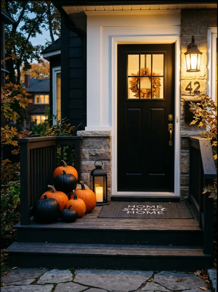 Black and orange pumpkin porch decor for a cozy Halloween-inspired entry.