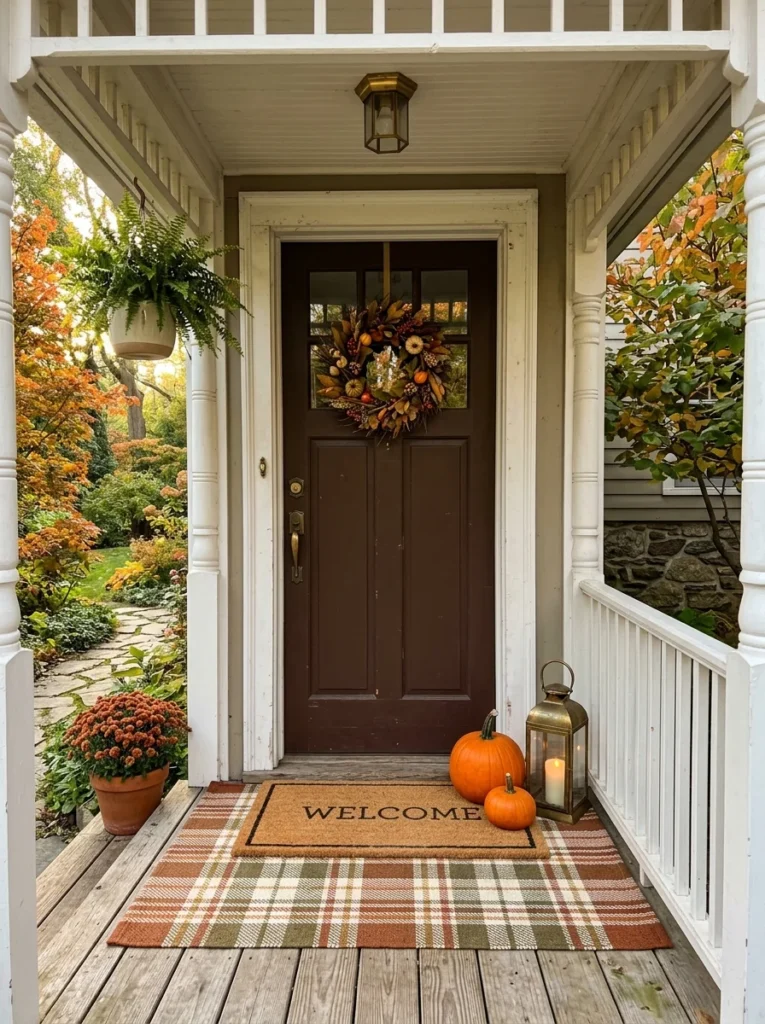  Layered plaid rug and doormat paired with pumpkins on a fall porch.