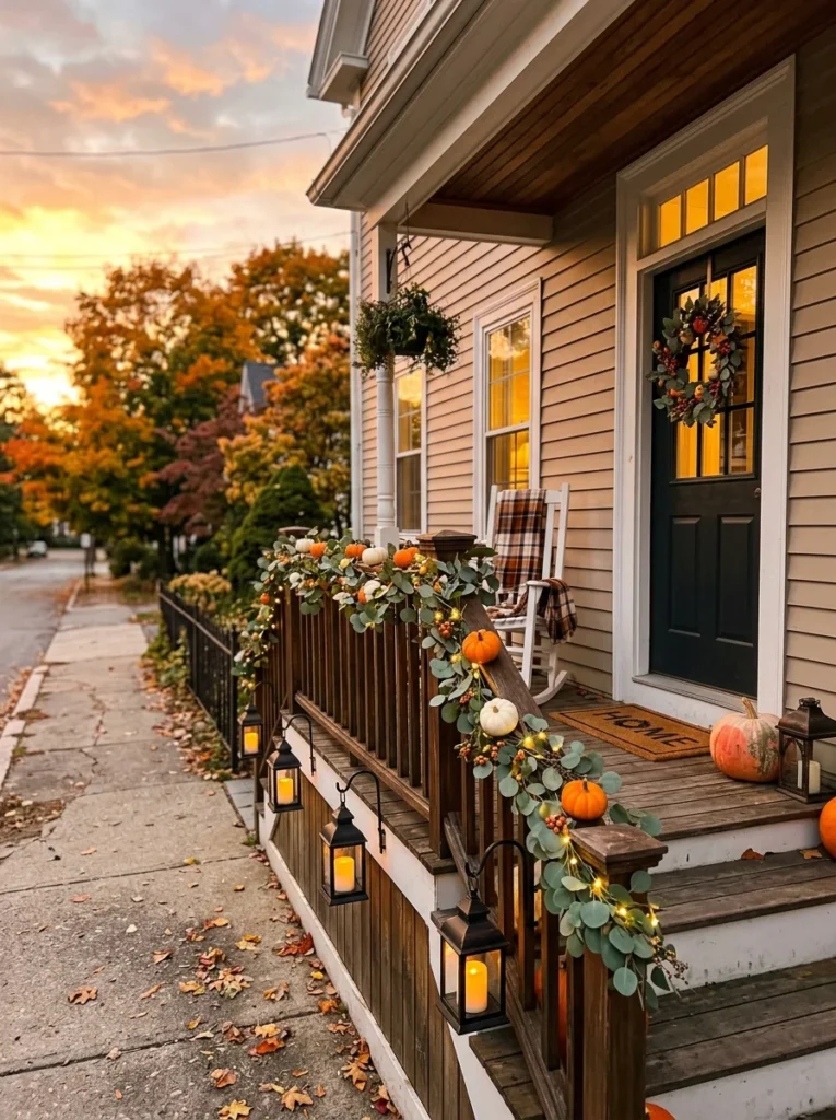 Tiny pumpkins lining a porch railing with eucalyptus for fall.