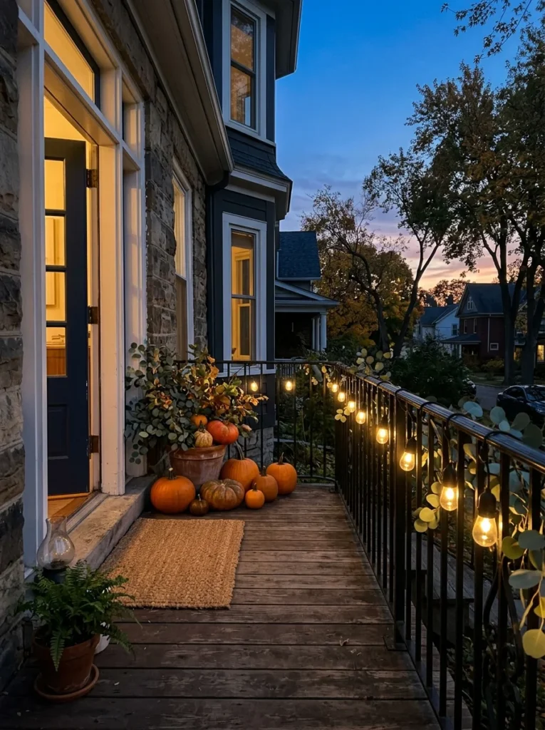 Warm string lights wrapped around a porch railing for fall