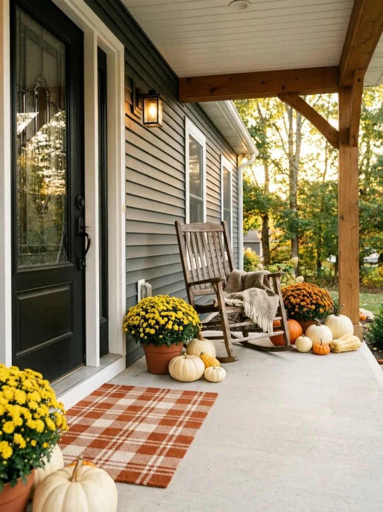 A plaid mat adds a cozy accent to yellow mums and pumpkins on a fall porch.