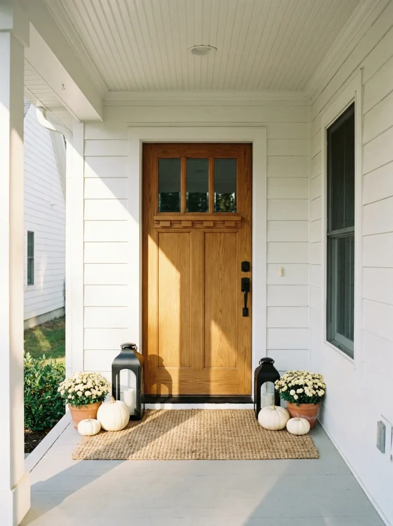 Black lanterns with white pumpkins and mums for a classic fall porch