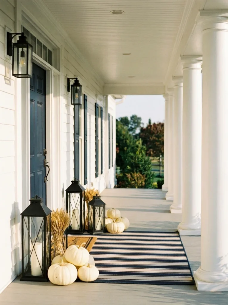 Oversized black lanterns beside pumpkins on a large fall porch