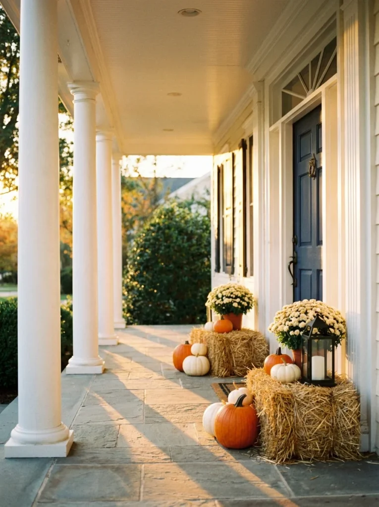  Hay bales, pumpkins, mums, and lanterns on a classic fall porch