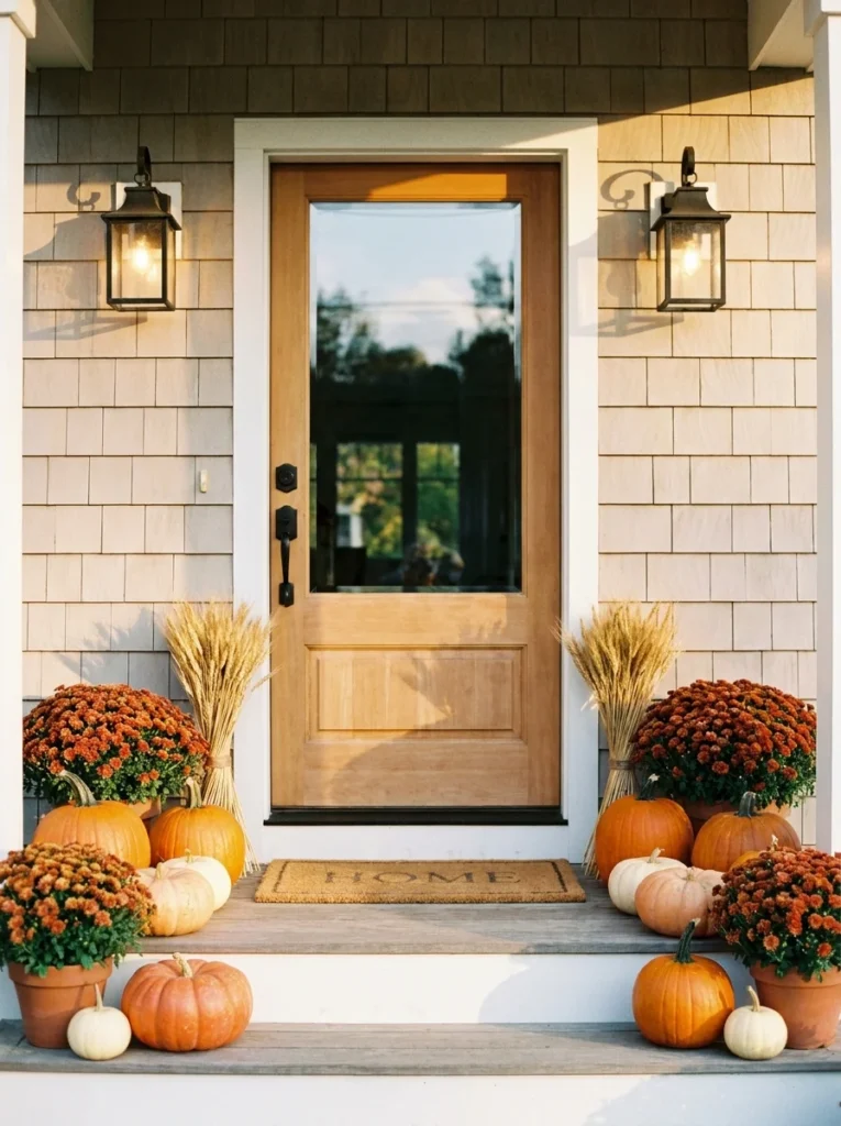  Layered fall harvest porch decor with pumpkins, lanterns, and mums