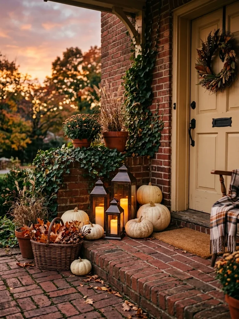 A cluster of battery lanterns creates warm evening fall porch decor