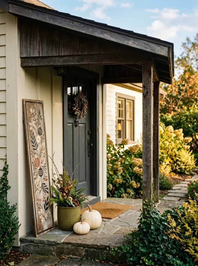 A narrow seasonal sign adds personality without crowding a small fall porch