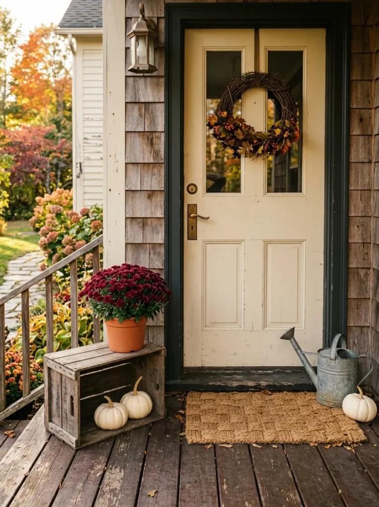 A vintage wooden crate adds height and texture to rustic front porch fall decor