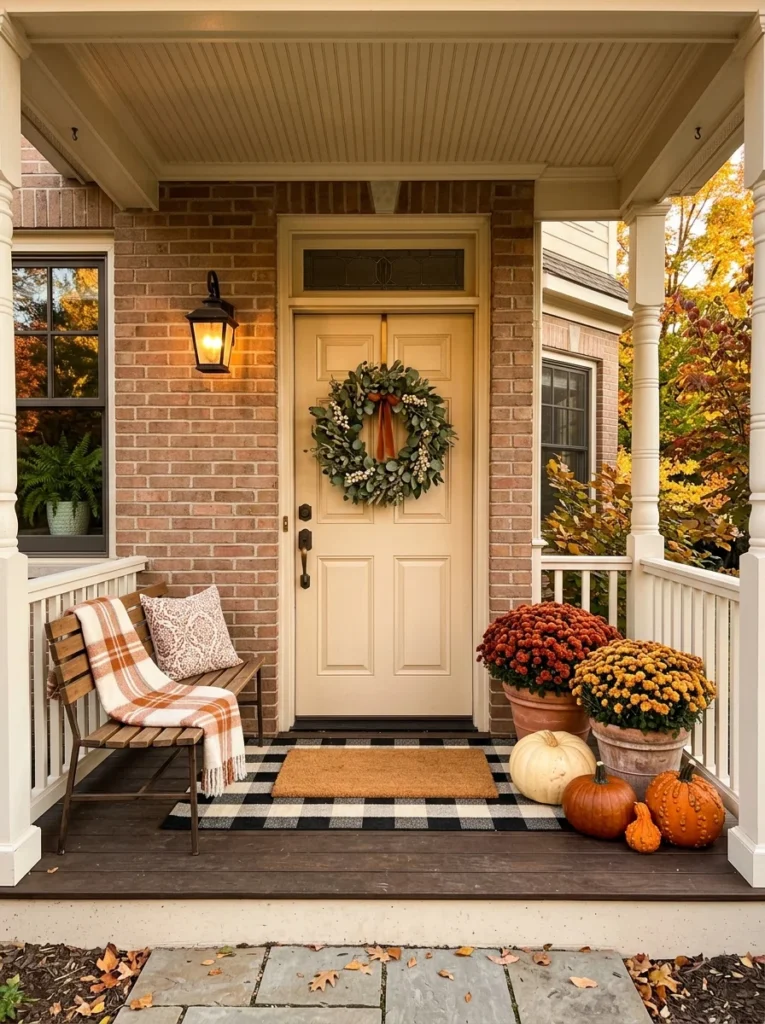 Layered front porch fall decor ideas combine wreaths, pumpkins, mums, mats, and lanterns