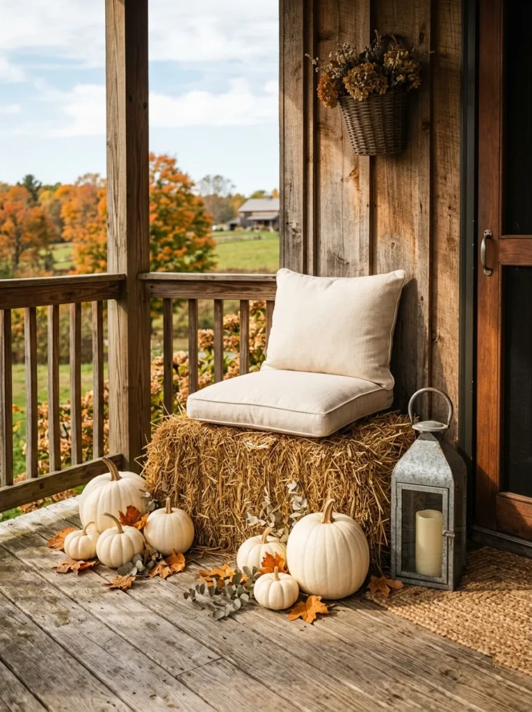 Small hay bale seating area with pumpkins on a farmhouse porch.