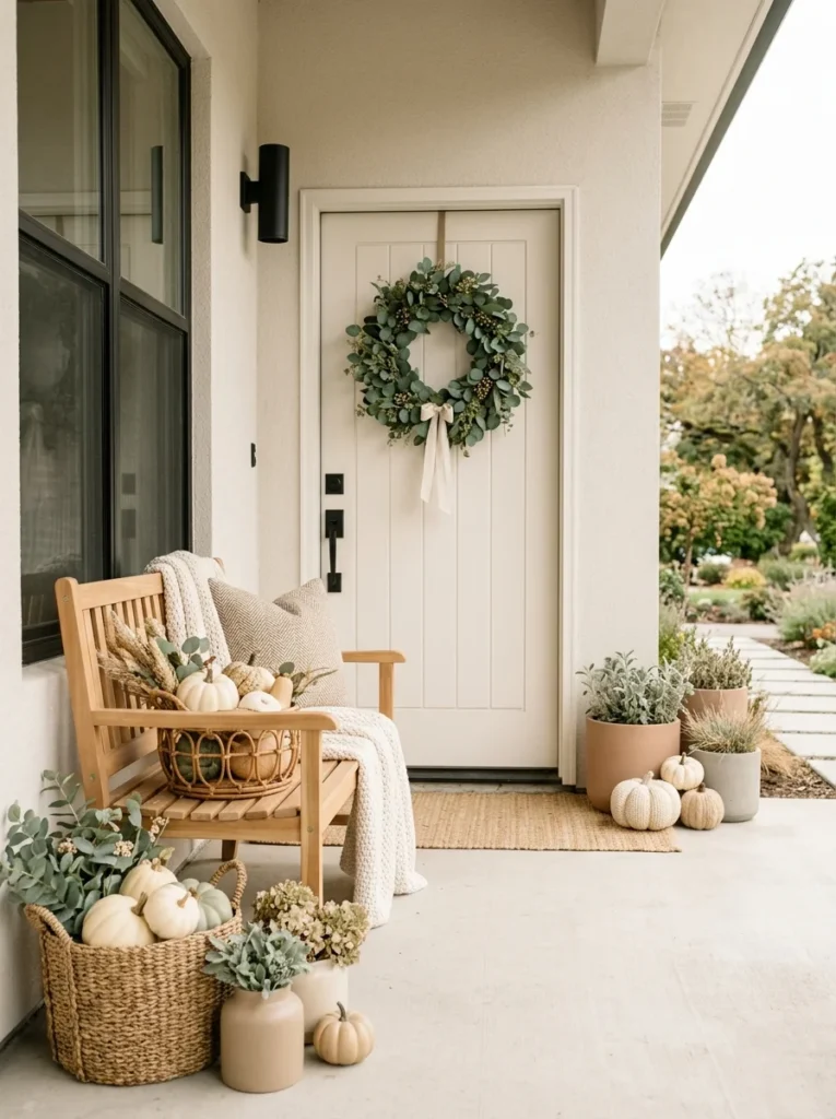 Cream pumpkins and sage foliage create a soft neutral autumn porch.