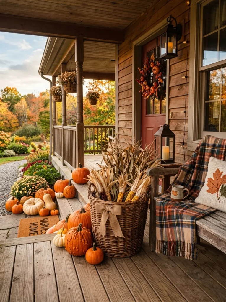 Corn stalk basket surrounded by pumpkins on a country fall porch.