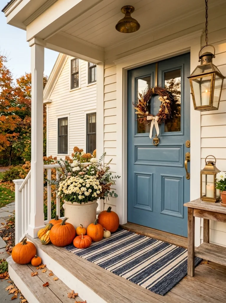 Blue and orange pumpkin porch decor with classic fall accents.