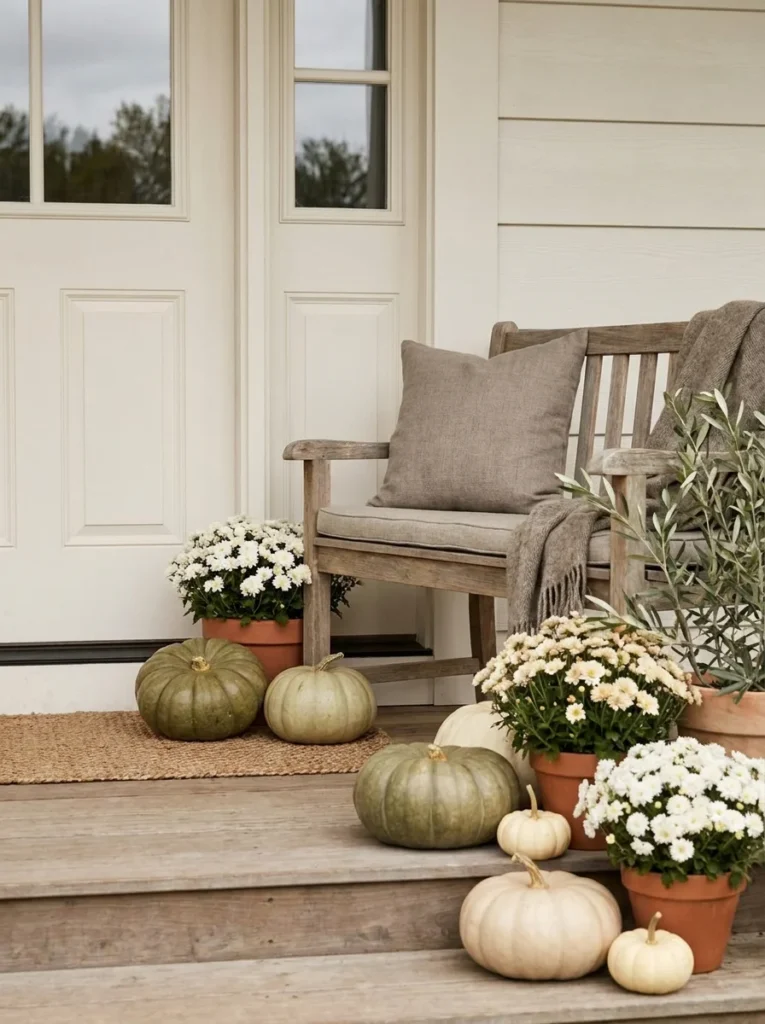 Olive and cream fall porch decor with pumpkins and mums