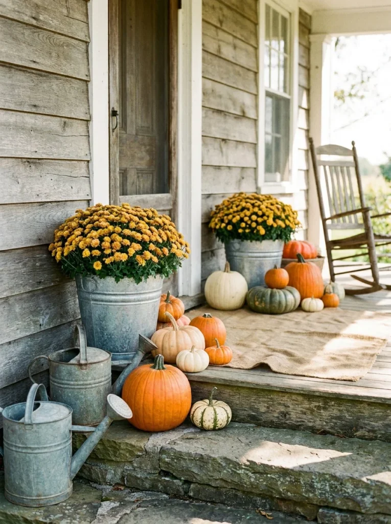 Galvanized buckets filled with mums create a relaxed farmstand-inspired fall porch.