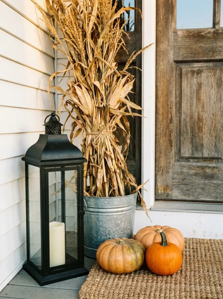 Black lantern with dried corn stalks and pumpkins for fall
