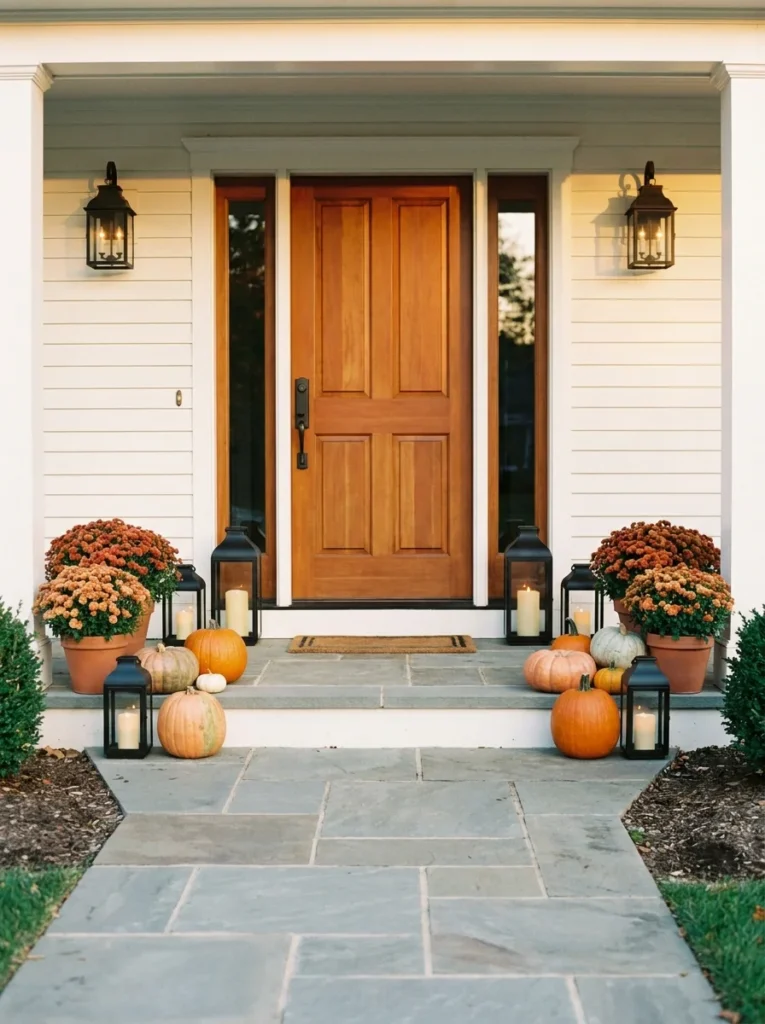 Well-spaced fall porch lantern display with a clear walkway