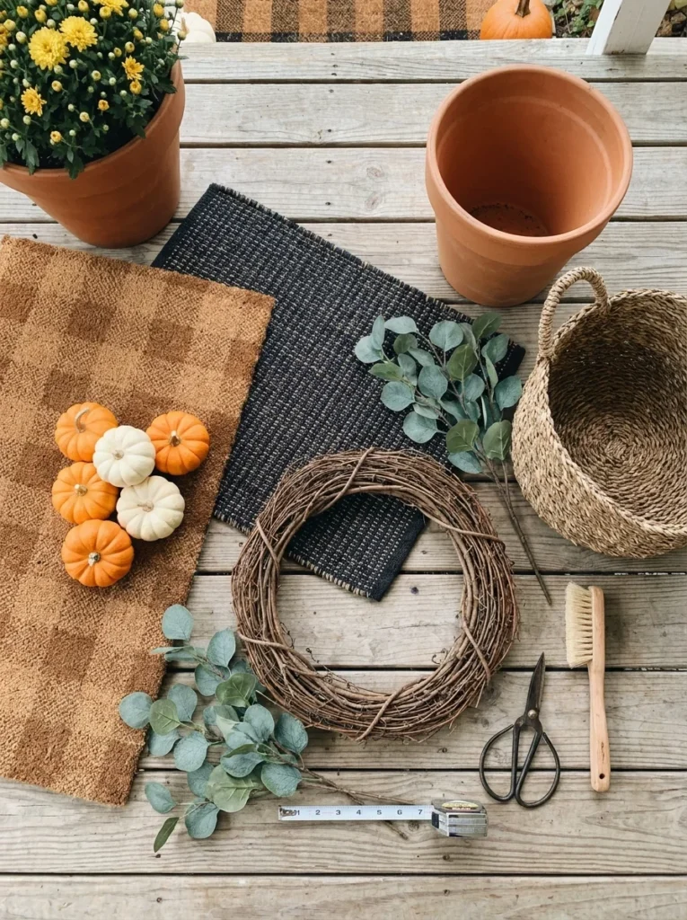 Fall porch decorating supplies including pumpkins, mums, wreath, doormats, and a woven basket.