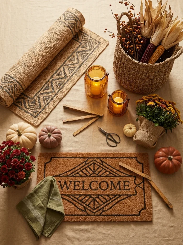 Fall porch decorating supplies for a cozy autumn entryway.