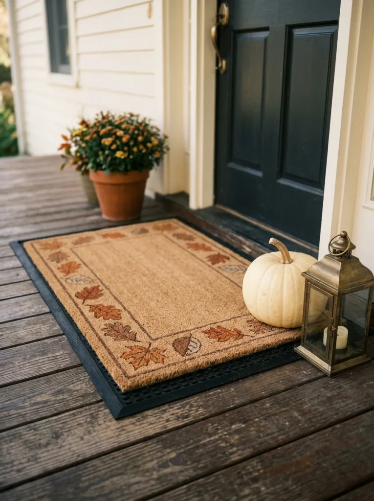 Autumn coir doormat paired with simple pumpkin accents on a small porch.