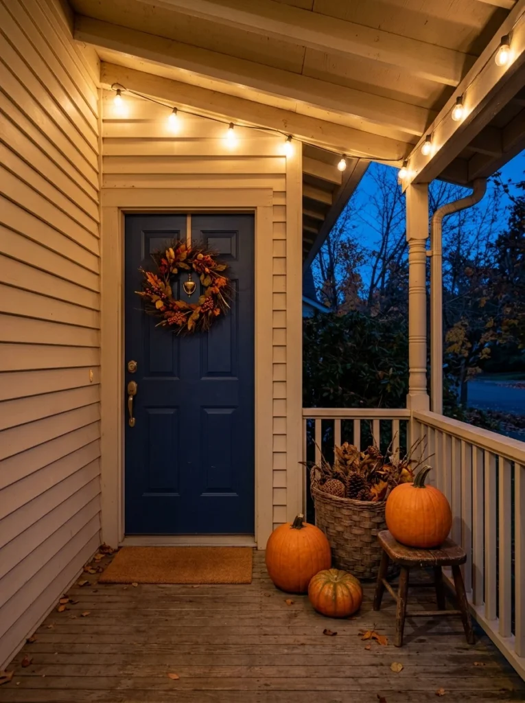 Warm string lights add a cozy glow to a small autumn porch.
