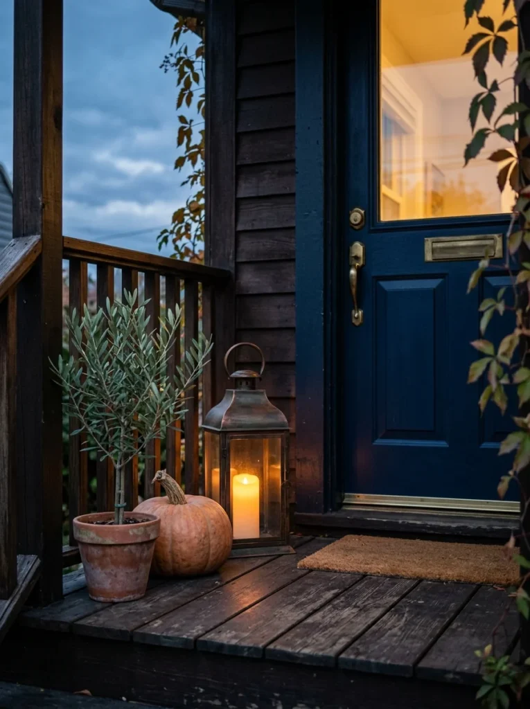  Oversized lantern creating warm lighting on a small fall porch.