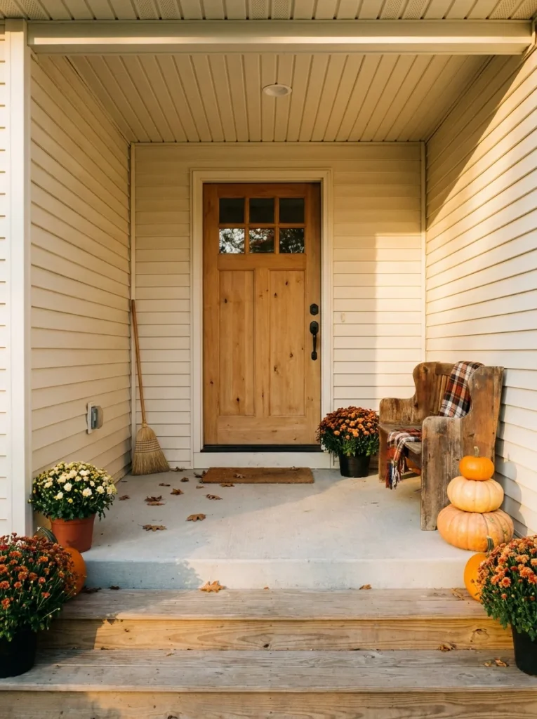 Clean front porch ready for fall decorating with an open walkway and natural wood door.