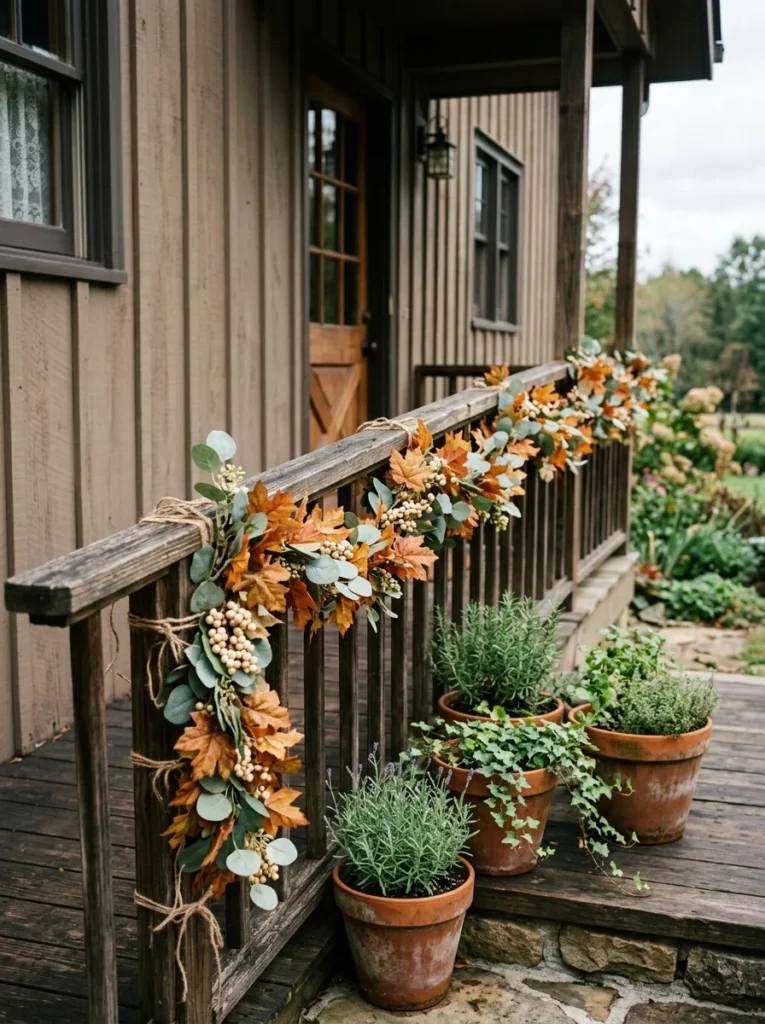 A handmade faux leaf garland adds affordable autumn color to a porch railing.